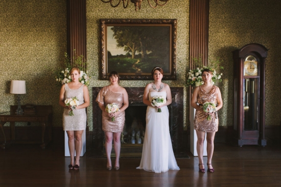 Bridesmaids in rose gold dresses