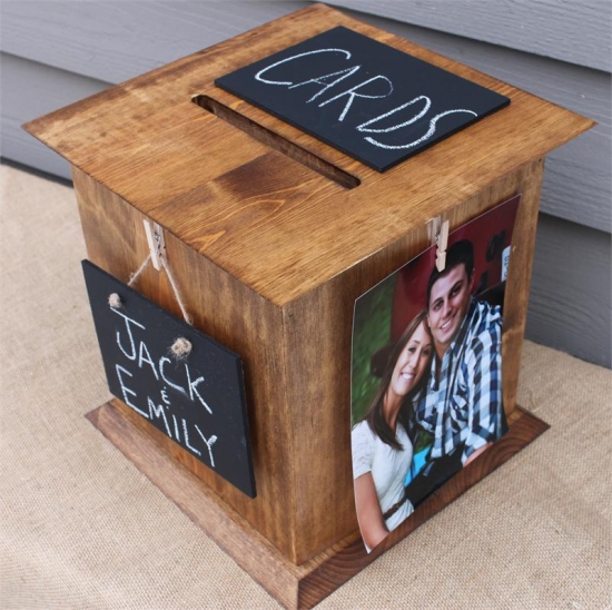 Wooden wedding card box with photos and names Jack and Emily