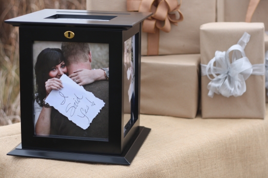 Black box with couple picture and gifts, she said I said yes