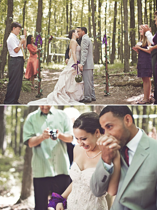 Wedding couple in forest ceremony and happy celebration