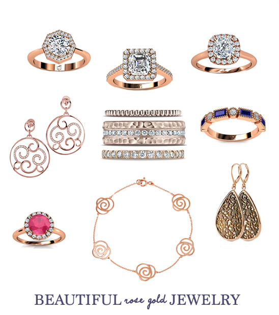 Stunning rose gold jewelry, including rings, earrings, and a bracelet