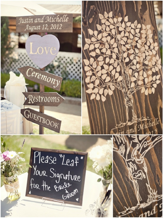 Wedding directional signs and unique guest book tree art