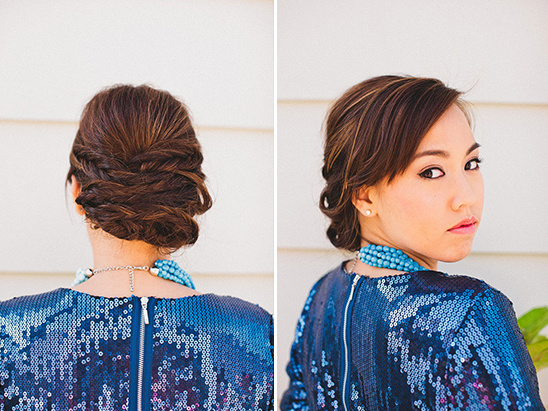 Elegant hairstyle with a blue sequin dress and a turquoise necklace