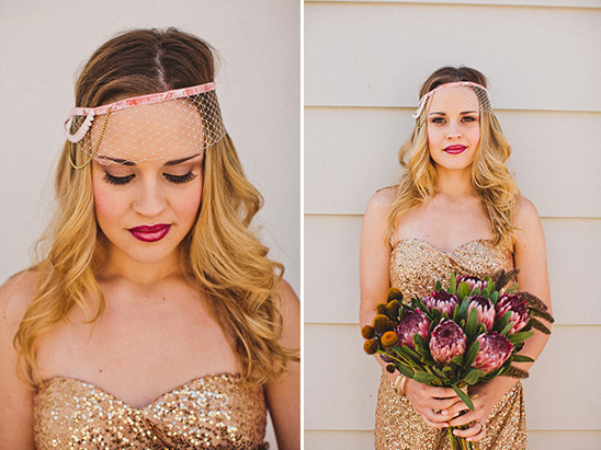 Blonde bride in a golden dress with beautiful protea bouquet