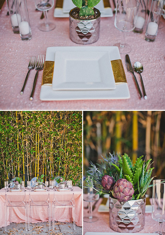 Elegant wedding table setting with pink tablecloth and decor