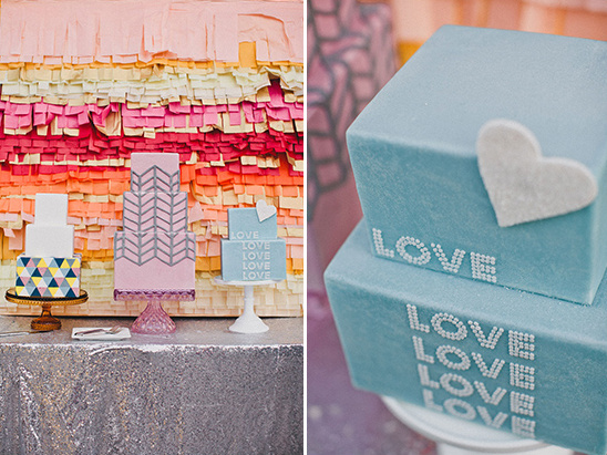 Colorful wedding cakes with creative designs on a festive background