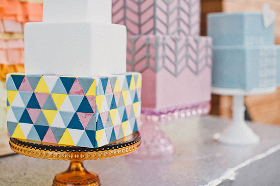 Colorful wedding cakes with geometric patterns for a celebration