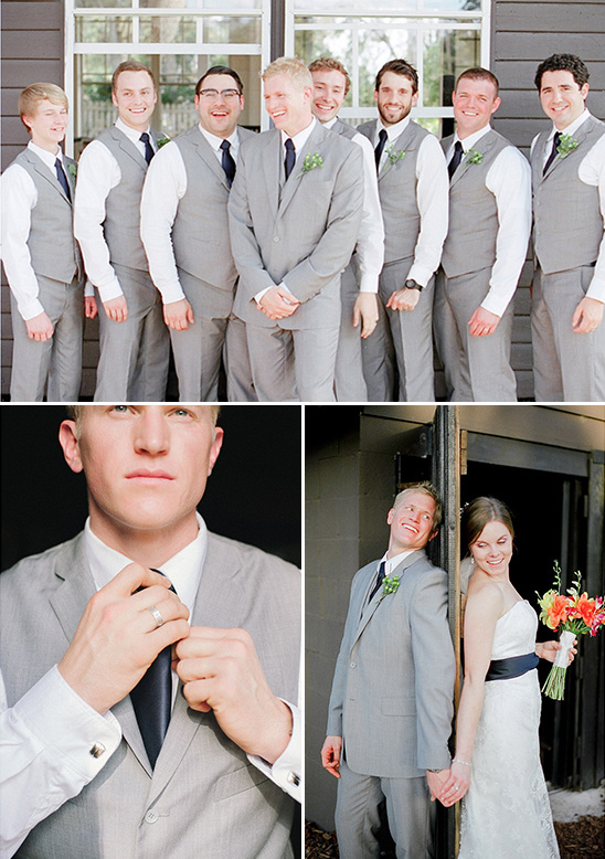 Groom with Groomsmen in Gray Suits and Bride on Wedding Day