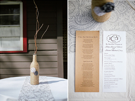 Rustic wedding decorations with wine bottle and programs