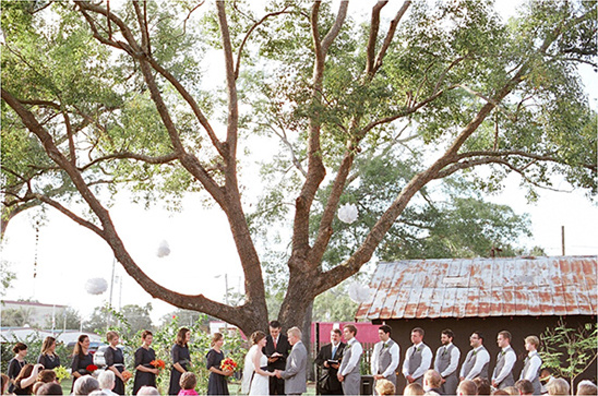 Outdoor wedding ceremony under a large tree with guests gathered