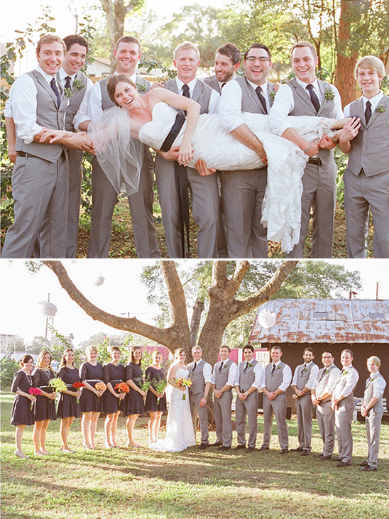 Bridal party groomsmen bridesmaids at outdoor wedding