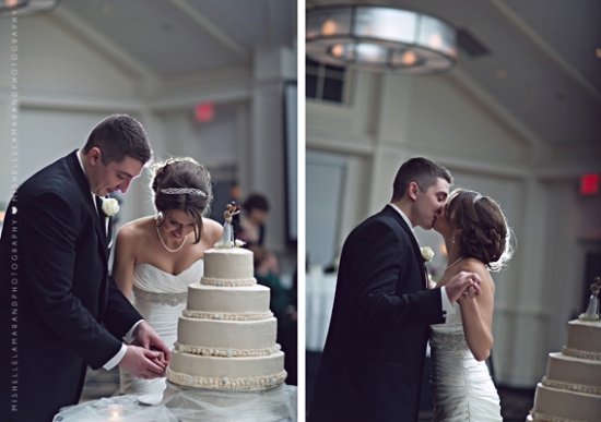 Wedding couple cuts cake, then shares a kiss, celebrating the moment