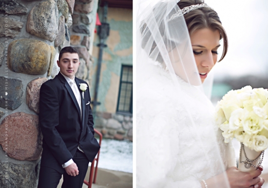 Groom in suit and bride with bouquet on wedding day