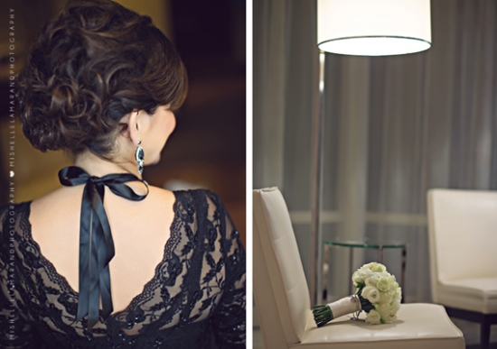 Elegant woman in black lace dress with a white flower bouquet
