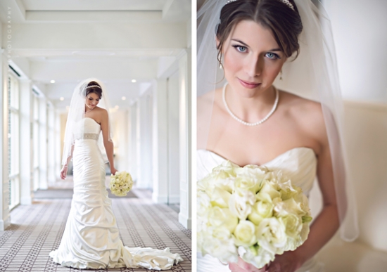 Beautiful bride in a white wedding dress holding flowers