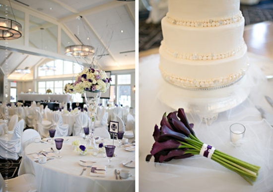 Elegant wedding reception setup with cake and purple flowers