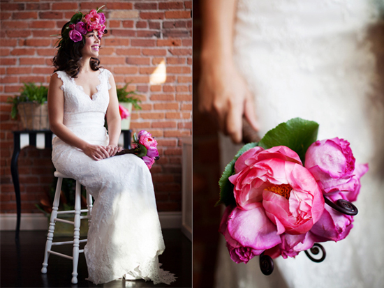 Bride with floral crown and bouquet smiles in white dress