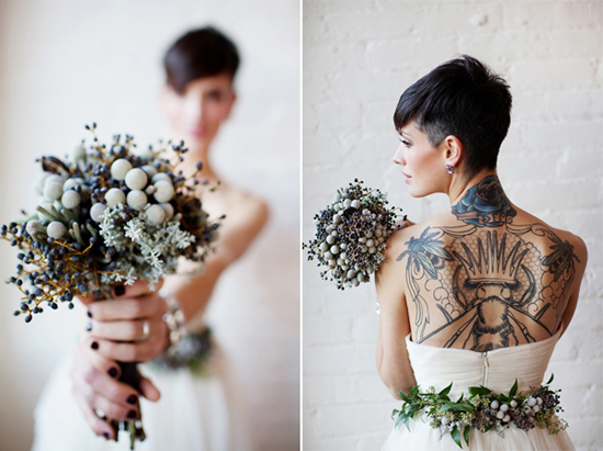 Alternative bride with tattoos and bouquet
