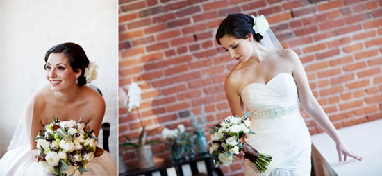 Happy bride in wedding dress holding bridal bouquet