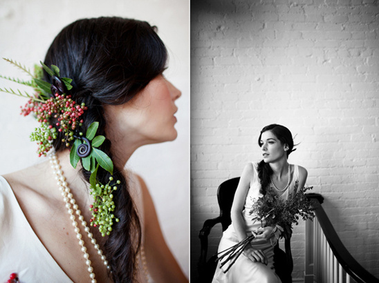 Elegant bride with floral hairpiece and vintage pearl necklace