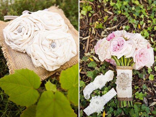 Wedding flowers and accessories arranged on the grass