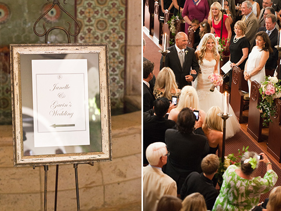 Wedding sign directs guests as bride walks down aisle in church