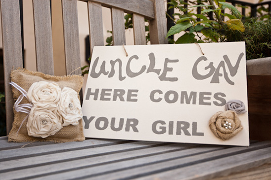 Wedding sign with message for Uncle Gav and ring pillow