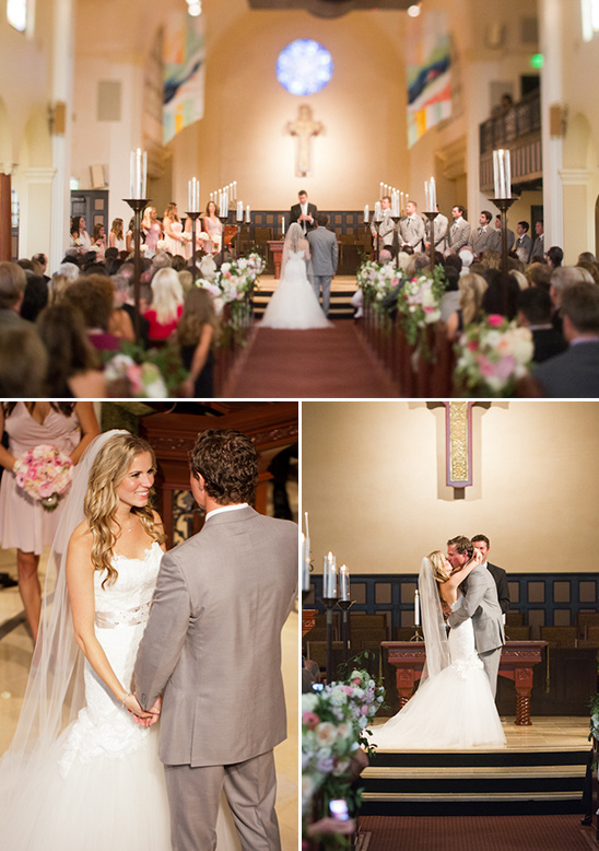 Wedding ceremony in a church, with a beautiful bride and groom