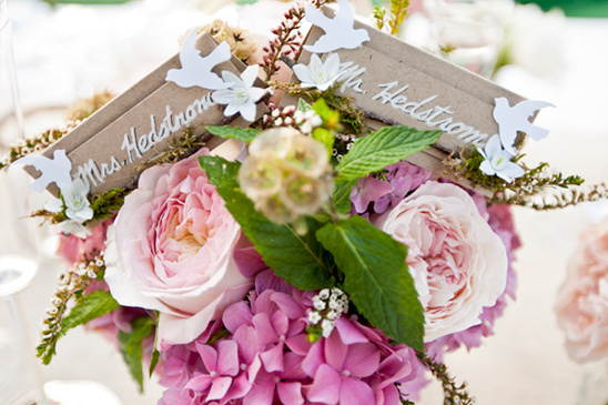 Wedding floral arrangement with roses and hydrangea flowers