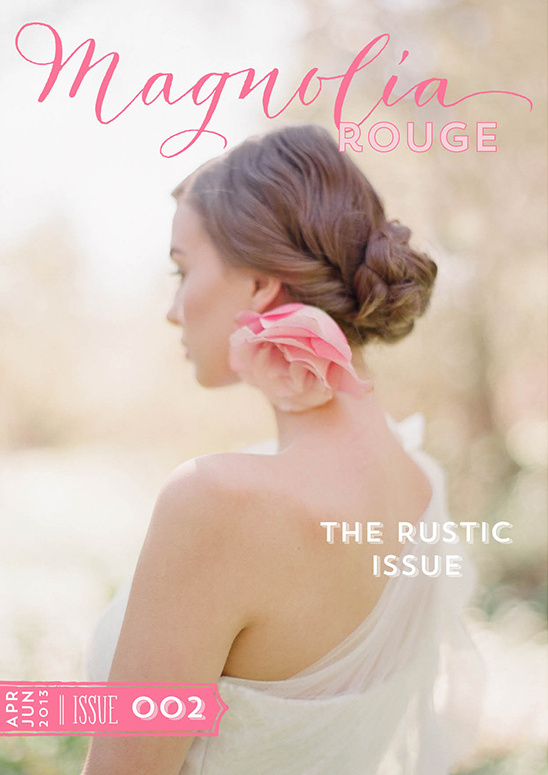 Magnolia Rouge magazine cover, woman with flower, rustic wedding theme