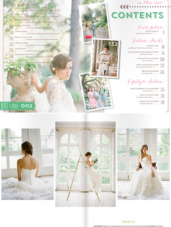 Beautiful wedding magazine spread featuring bridal fashion