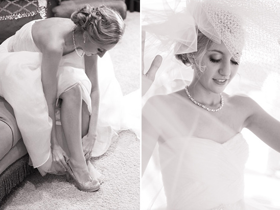 Bride putting on shoes and getting ready for her wedding day