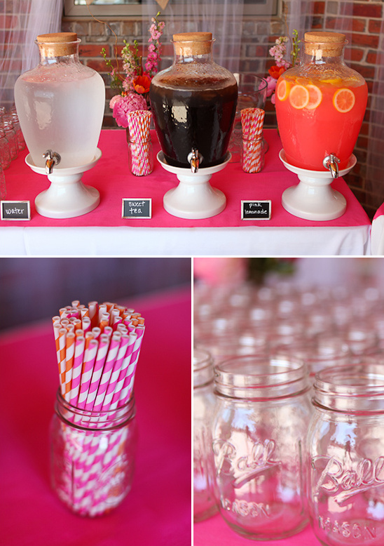 Pink lemonade, sweet tea, and water beverage station