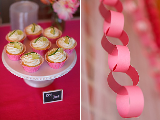 Key lime cupcakes on a stand with pink paper chain decoration