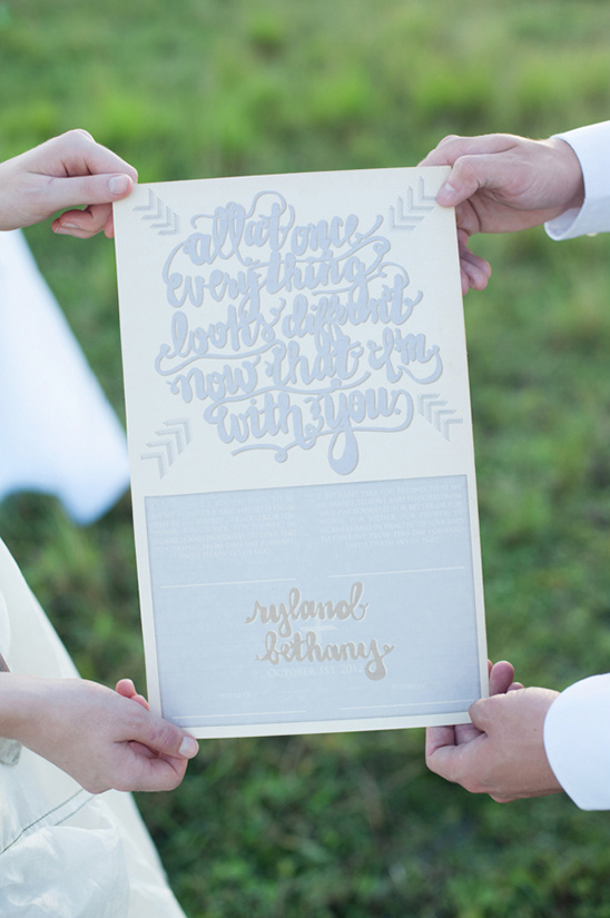 Couple holding a wedding sign with romantic quote and names