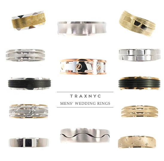 Various stylish men's wedding rings in different designs and materials