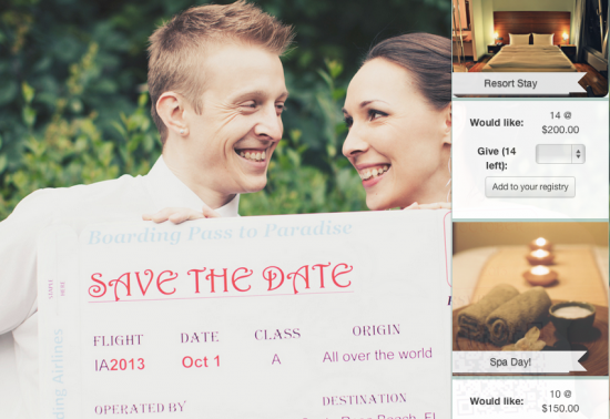Newlyweds holding a Save The Date boarding pass invitation for their wedding