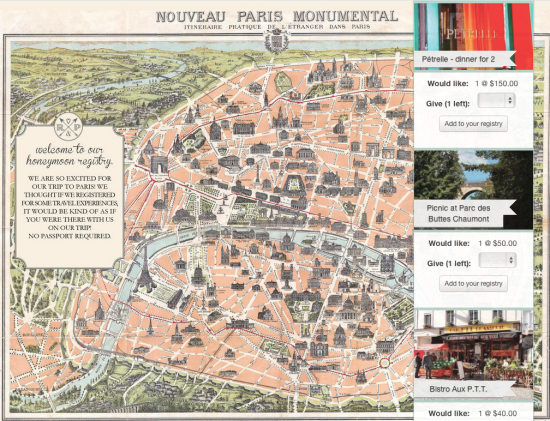 Paris honeymoon registry with a vintage map and experiences