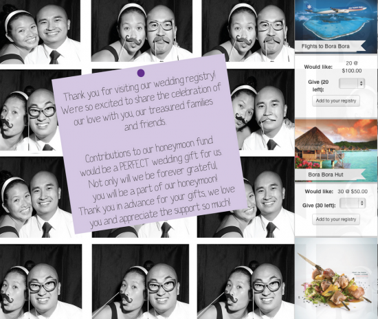 Wedding registry collage: couple's photo booth and honeymoon fund request
