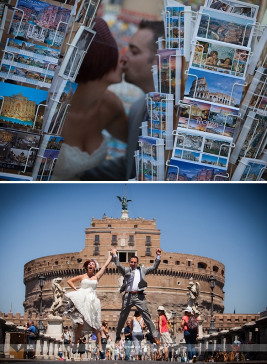Newlywed couple celebrating with a kiss and a jump in Rome