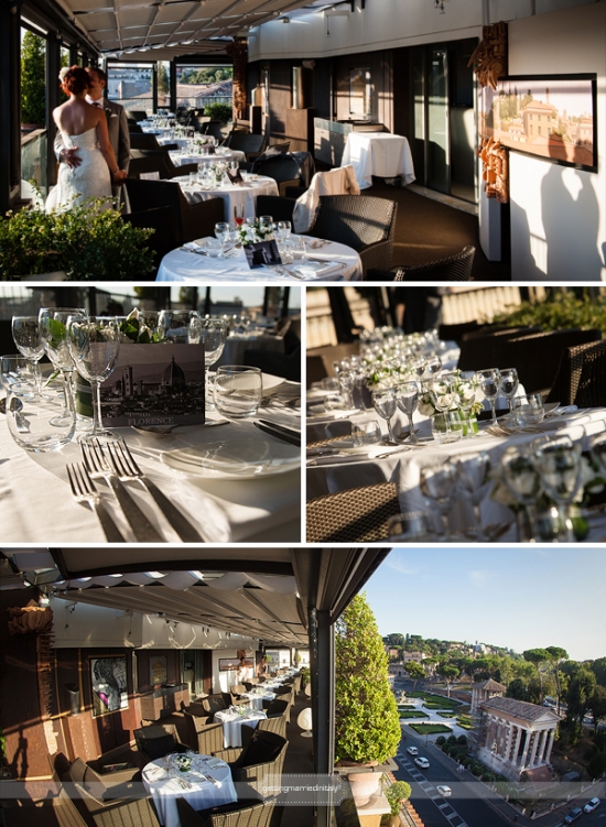 Wedding reception with a view overlooking the city, tables set