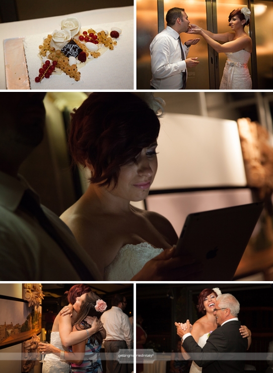 Wedding collage featuring cake, bride and groom with dancing