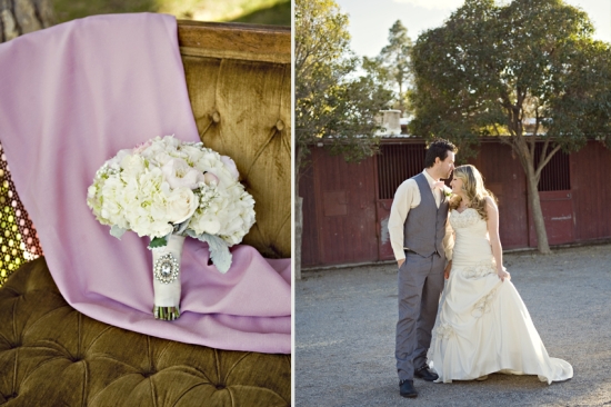 Elegant wedding bouquet and couple with a rustic barn backdrop
