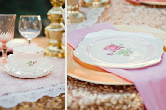 Elegant tea cup and floral plate set on a shimmering table