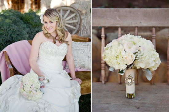 Bride in wedding dress with bouquet of flowers, with details