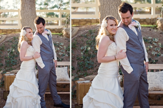 Happy couple embracing on their wedding day, smiling together
