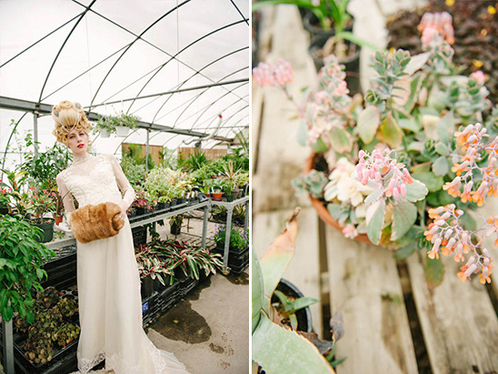 Bridal fashion shoot in greenhouse garden setting