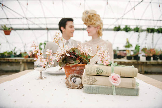 Vintage bride and groom at botanical garden wedding