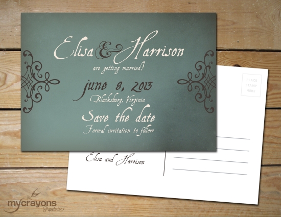 Elegant save the date postcard for Elisa and Harrison's wedding