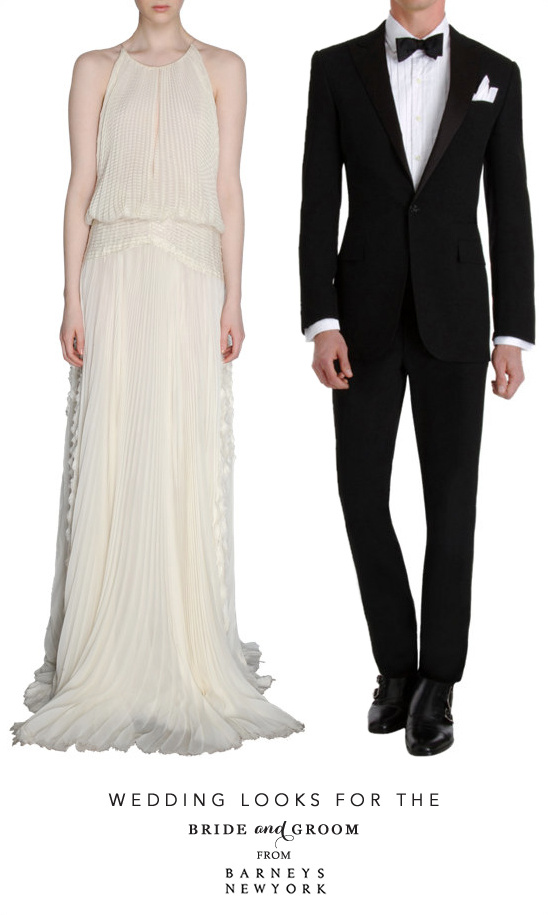 Elegant wedding attire: bride's gown and groom's tuxedo